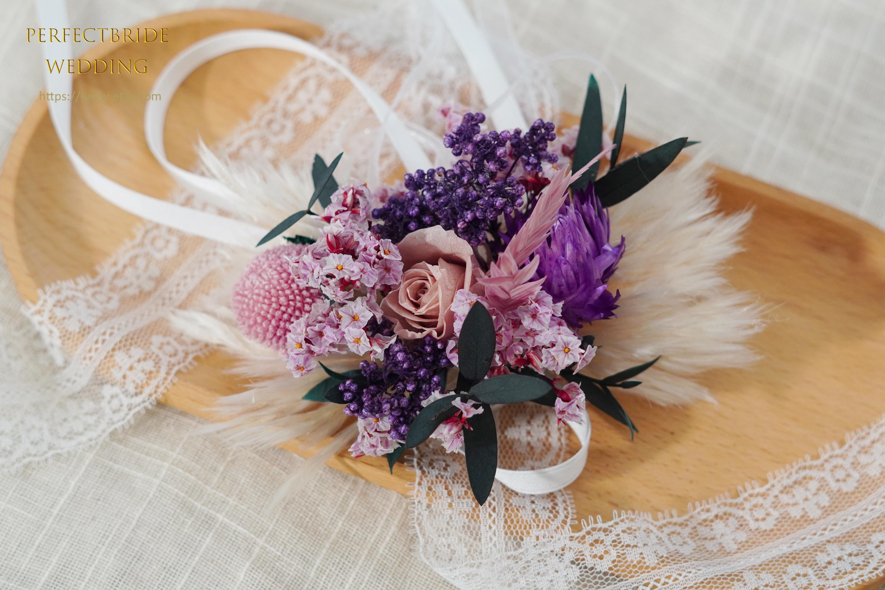 Dried Floral Wedding Set Purple/pink Rustic crown, bouquet, corsage, boutonniere Pink Dried Flower Corsage Boutonniere Set: Boho Wedding  main image 3