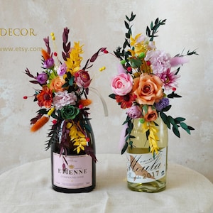 Wine Centerpiece,Pink Bottle Bouquet,Flower Arrangement For Wine Bottle,Bottle Bouquet,Wine Bottle Bouquet,Wine Gift,Wine Bottle Decor