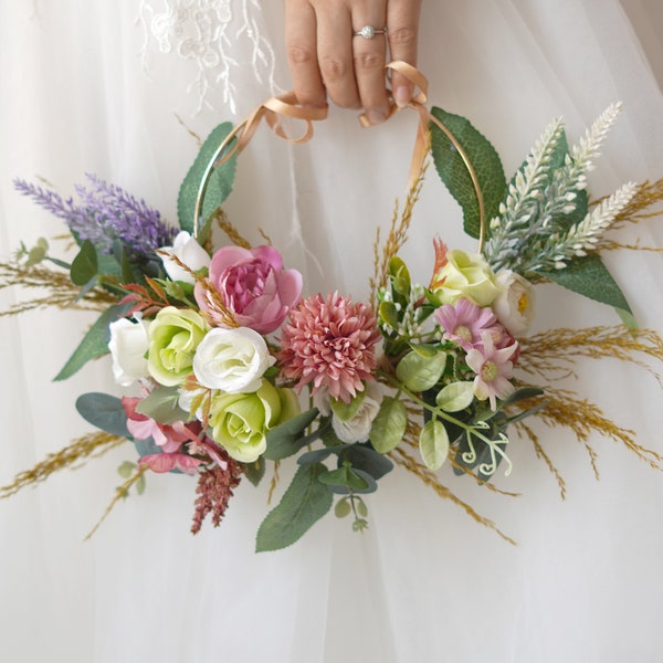 Flores de seda verde y rosa ramo de boda Boho, corona de puerta de hierba de pampas, aro floral artificial, ramo de flores secas, ramo de damas de honor