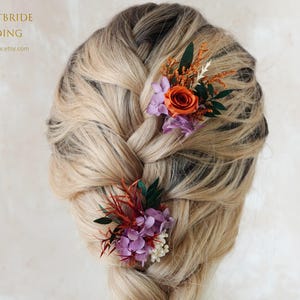 Burnt orange &Purple Bridal Hair Pins,Dried flower Hairpiece,Bridal Hair Accessories,Dried Flower Hair Comb,Rustic Floral pin