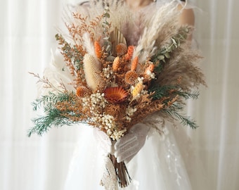 Verbrand oranje en bruin Boho bruiloft, natuurlijke bruiloft bloemen, Pampas gras boeket, gedroogde bloemen boeket, bruids/bruidsmeisje boeket