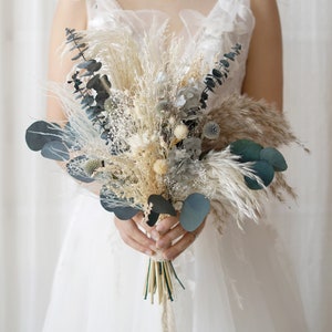 Blue & White, Eucalytpus Wedding bouquet Boho  bouquet,Pampas grass wedding flowers bouquet,Dried flowers bouquet,Bridal bouquet