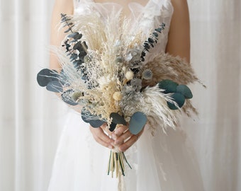 Blue & White, Eucalytpus Wedding bouquet Boho  bouquet,Pampas grass wedding flowers bouquet,Dried flowers bouquet,Bridal bouquet