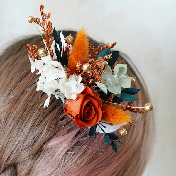 Preserved rose,Eucalyptus Dried flower Hairpiece,Boho Wedding Flower comb Bridal Hair Accessories,hair dressing comb,Rustic Headpiece