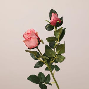 May include: A single artificial rose stem featuring two pink flower heads with darker pink edges. The stem includes multiple green leaves with visible veins and serrated edges, extending along the length of the branch in a natural arrangement.