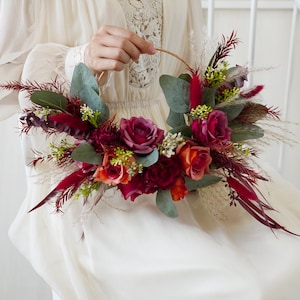 Burgundy Red&Green Flower Bohemian Natural wedding flower bouquet,Pampas Grass bouquet,Dried flowers bouquet,Bridal/Bridesmaid wreath