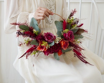 Burgundy Red&Green Flower Bohemian Natural wedding flower bouquet,Pampas Grass bouquet,Dried flowers bouquet,Bridal/Bridesmaid wreath