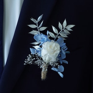 Brisk Blue  Hydrangea and White Preserved Rose Rustic Dried Boutonniere/ Lapel pin for men/Dried arrangement/ Wedding flower bouquet