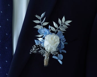 Brisk Blue  Hydrangea and White Preserved Rose Rustic Dried Boutonniere/ Lapel pin for men/Dried arrangement/ Wedding flower bouquet