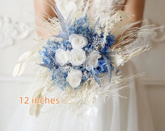 Bouquet de mariée blanc et bleu, bouquet de fleurs de mariage bohème et naturel, bouquet d'herbe de la pampa, bouquet de fleurs séchées, bouquet de mariée/demoiselle d'honneur