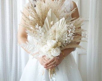 Bouquet de fleurs de mariage naturel Boho blanc et Beige, bouquet d'herbe de pampa, bouquet de fleurs séchées, bouquet de mariée/demoiselle d'honneur