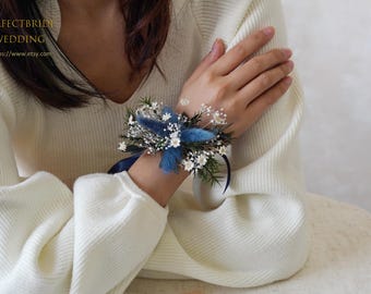 Dusty Blue bunny tail grass Natural Wedding flower corsage;Mother&#39;s day gift,Preserved flowers,Bridal corsage/Bracelet,wedding flower