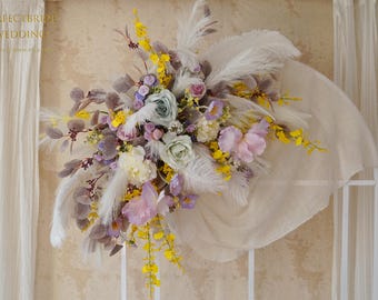 Lilac purple and yellow flowers archway,faux flower wedding arch/arbor with feathers,flower swag backdrop,bohemian wedding