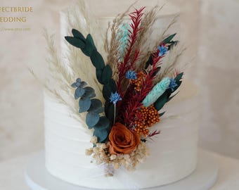 Wedding Cake Flowers with Rose and Eucalyptus,Pampas Grass Dried Flower Cake Decoration，Teal and Orange