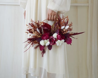 Burgundy Red&white silk  Flower Bohemian Natural wedding flower bouquet,Pampas Grass bouquet,Dried flowers bouquet,Bridal/Bridesmaid bouquet