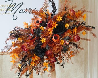 Rust Orange Wedding Arbor with Pampass Grass,Wedding Welcome Board Arrangement,Flower Swag Backdrop,Boho Wedding