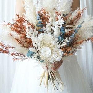 Burnt Orange&white bonquet Boho wedding bouquet,Pampas Grass bouquet,Dried flowers bouquet,Bridal/Bridesmaid bouquet,white Wedding bouquet