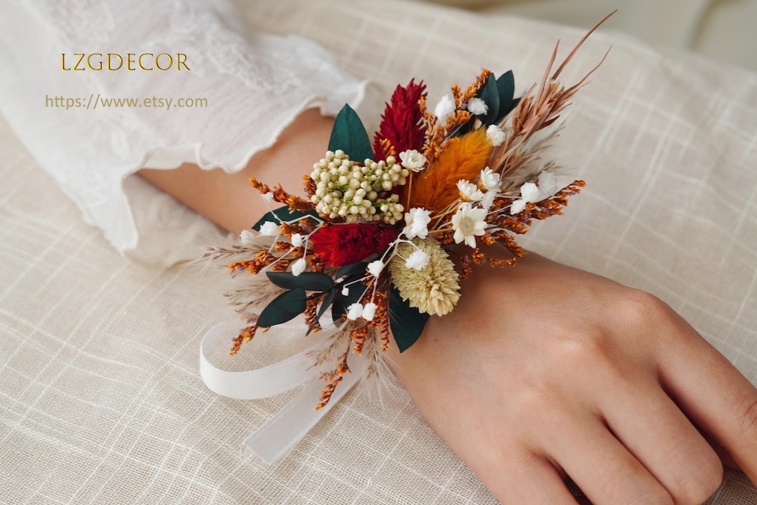 Dried Natural Jewelweed Flowers Burnt Orange Wrist Corsage