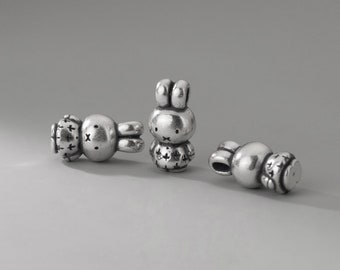 Perles d’espacement de lapin Miffy 3D en argent sterling S999, perles d’animaux en argent, découvertes de bijoux, perles de bracelet/collier Miffy Rabbit, 18,5 * 9,5 * 9 mm