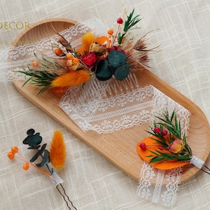 Boho Wedding Flowers Hairpins,Burnt Orange rose& Dried flower Hairpiece,Bridal Hair Accessories,Dried Flower Hair Comb,Rustic Floral pin