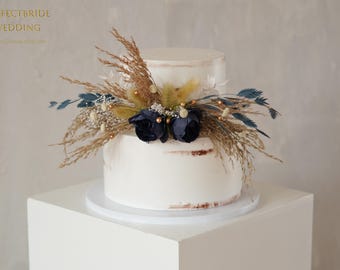 Gold & Dark Navy Blue Silk Flower Cake Topper,Pampas Grass Cake Topper,Wedding Cake Bouquet