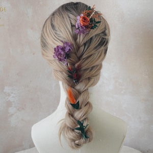 Violet Wedding Flowers Hairpins,Burnt Orange rose& Dried flower Hairpiece,Bridal Hair Accessories,Dried Flower Hair Comb,Rustic Floral pin