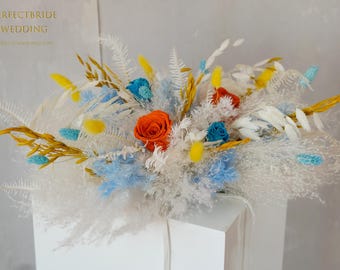 Terracotta/Blue/Yellow Dried Flowers Table Centerpiece,White Pampas Grass Bohemian Wedding Arrangement