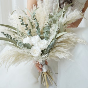 White preserved rose & Green Boho Natural wedding flowers,Pampas Grass bouquet,Bridal/Bridesmaid bouquet Wedding Dried flower  bouquet