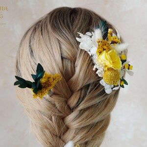 Boho Wedding Flowers Hairpins,Bright Yellow rose& Dried flower Hairpiece,Bridal Hair Accessories,Dried Flower Hair Comb,Rustic Floral pin