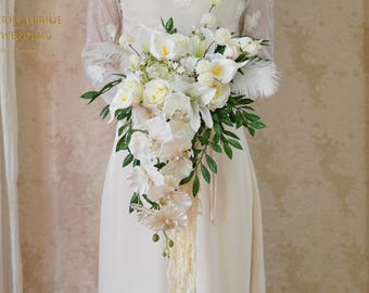 Orchids cascading bridal bouquet,artificial flower wedding bouquet with amaranthus, calla lilies