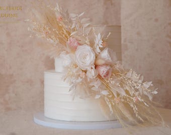 Pink preserved rose Pampas Grass Cake Topper, Flower Cake Topper,Dried Bouquet, Wedding Cake Flowers, Wedding Cake Bouquet Dried Flowers