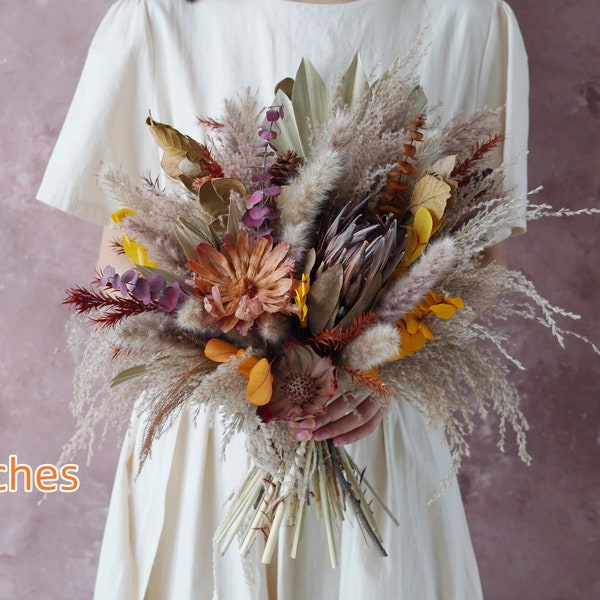 Brown King protea & Burnt Orange , Boho Wedding/ Bridal flower bouquet with Eucalyptus leaves,Pampas Grass Bouquet,Wedding flower bouquet