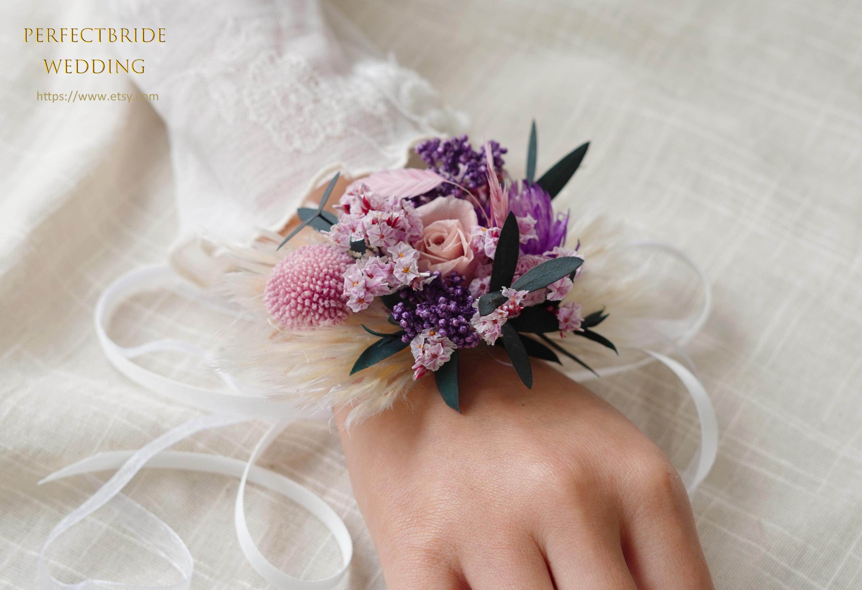 Dried Floral Wedding Set Purple/pink Rustic crown, bouquet, corsage, boutonniere Pink Dried Flower Corsage Boutonniere Set: Boho Wedding  main image 4