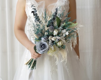 Blue Silk Roses Wedding bouquet Boho wedding bouquet,Rustic wedding flowers,Pampas Grass bouquet,Dried flowers bouquet,Bridal bouquet