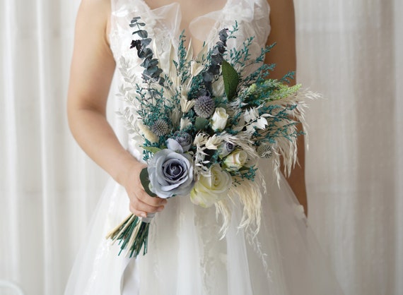 Preserved Flower Bouquet, Dusty Blue, Teal Blue Dried Flower Wedding  Bouquet 
