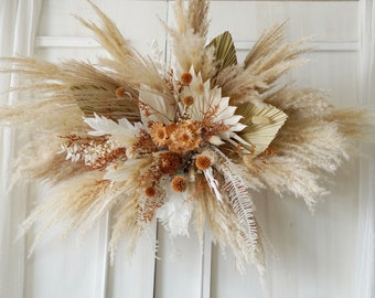 Burnt Orange and White Preserved & Dried flowers Wedding Arch, Flower Swag Backdrop,Pampas Flower Arbor, Boho wedding flower decor