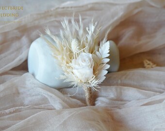 White Preserved rose Boho Pampas Dried Boutonniere,Rustic Dried flower bouquet,Flower dry arrangement,Wedding flower bouquet,Boutonnières