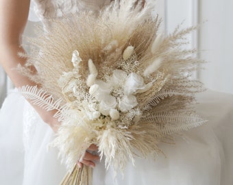 Bouquet de mariée blanc Boho/bouquet de mariage naturel, bouquet d'herbe de la pampa, bouquet de fleurs séchées, bouquet de mariée/demoiselle d'honneur