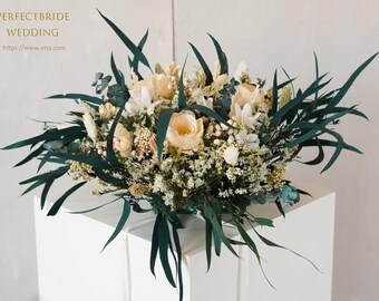 Eucalyptus Dried Flowers Table Centerpiece,Rustic Wedding Arrangement with Champagne Faux Flower