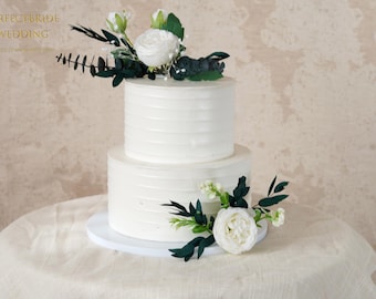 Künstlicher Tortenaufsatz aus weißer und grüner Seide, Trockenblumenstrauß, Hochzeitstortenblumen, Trockenblumenstrauß für die Hochzeitstorte