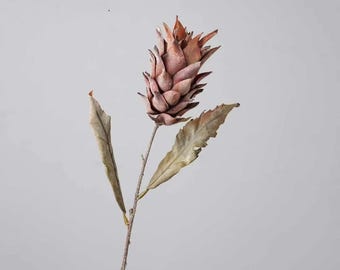 Vintage Artificial King Protea Stem, Dried Style Faux Pinecone Protea, Muted Tone Fake Flower for Home Vase Decor & Wedding Styling