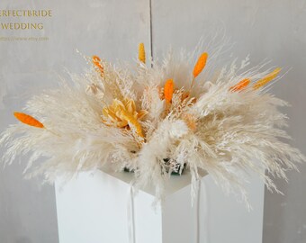 Bright Orange Dried Flowers Table Centerpiece,Pampas Grass Bohemian Wedding Arrangement