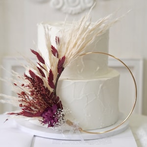 Burgundy Red Latifolum & White Pampas Cake Bouquet, Flower Cake Topper/Cake Decoration,  Dried Flowers Bouquet, Wedding Cake Flowers
