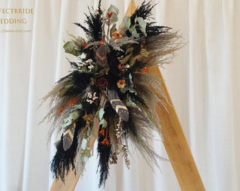 Pheasant Feathers & Black Pampas Grass Wedding Arbor, Boho Flower Swag