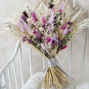 Violet Stroh getrocknete konservierte Blumen Strauß, Boho Hochzeit / Braut Blumenstrauß, Pampas Grass Bouquet, Hochzeitsblumenstrauß, Boho Stil