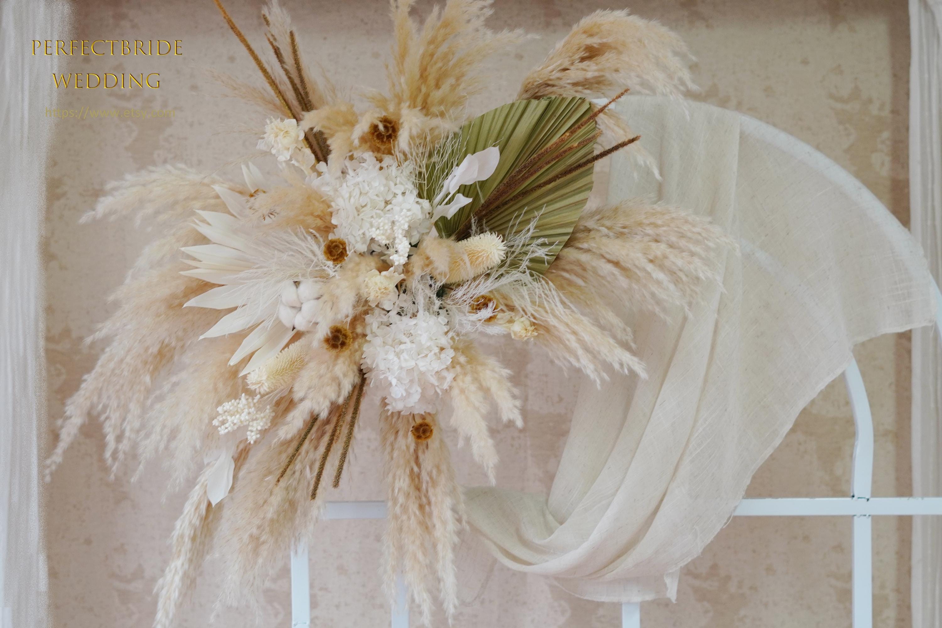 Beige&Sage Green Dried flowers Wedding Arch,Bohemian Pampas Grass Centerpieces, Dried Flower Swag Backdrop, Pampas Arbor, Boho wedding decor