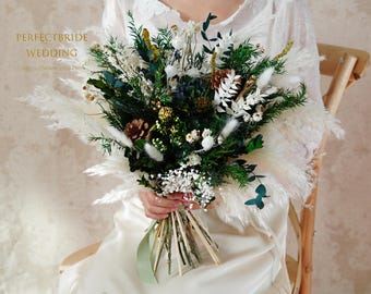 Ramo de novia de flores secas de color verde oscuro, flores de boda naturales estilo bohemio, ramo de flores secas, ramo de novia/dama de honor, boda rústica.