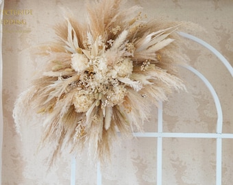 Tonnelle de mariage avec herbe de la pampa et hortensias, panneau de bienvenue pour le mariage, toile de fond festif floral, tonnelle de fleurs de pampa, décoration florale de mariage