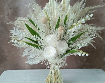 White Preserved Flowers, Green leaf Rustic boho Wedding Bouquet,Artificial Faux Flowers Wedding Decor,bridal  bouquets,Pampas grass