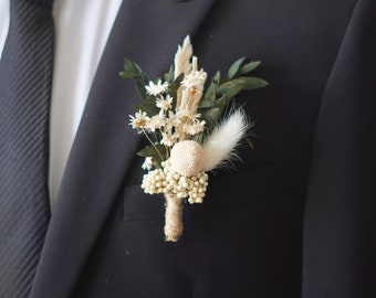 Preserved Craspedia & Eucalyptus Boho Rustic Pampas Dried Boutonniere/ Lapel pin for men/ Wedding flower bouquet,Boutonnières for men